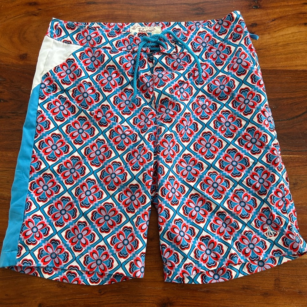 Penguin Mens Swimsuit Board Shorts Swim Suit Colorful Floral Blue Purple Red 9”
